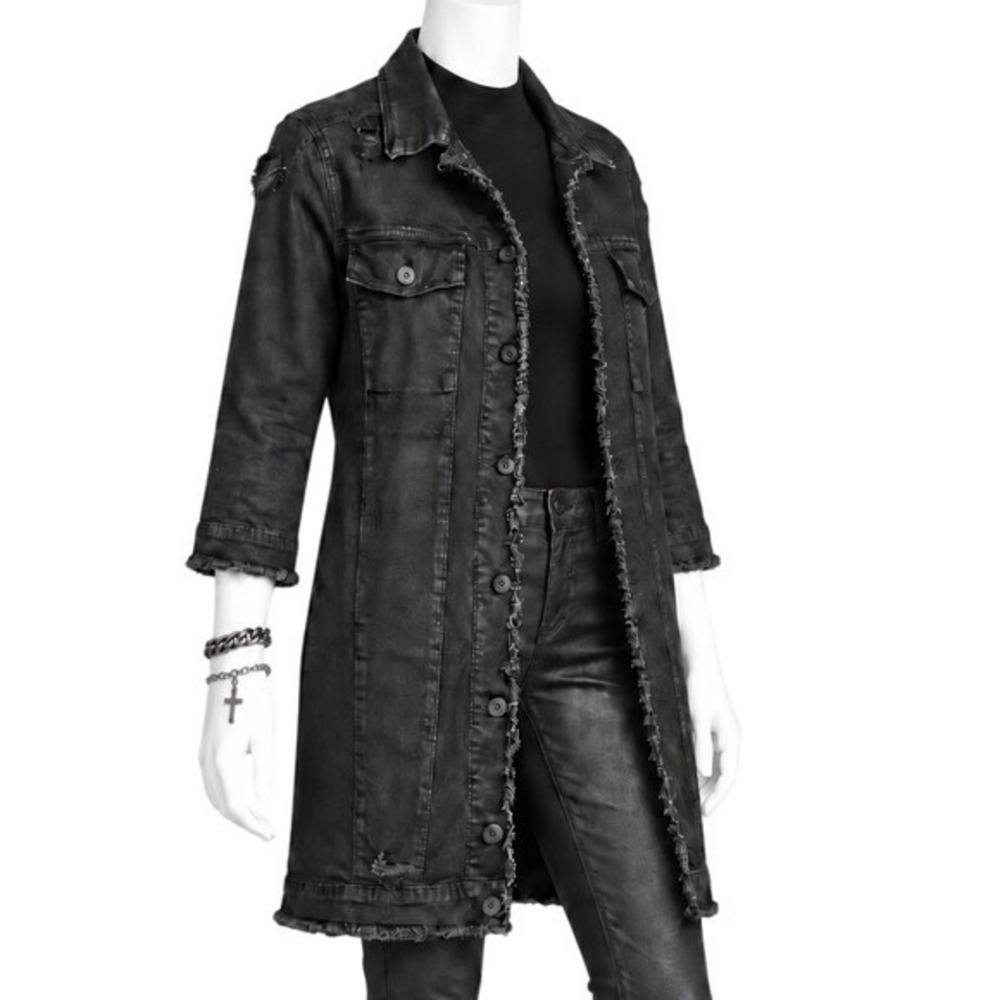 THOM/KROM Black Coated Raw Edge Stretch Denim Distressed Long Jacket Coat | Sz S